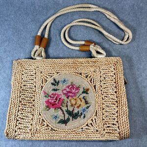 VTG Artisan Needlepoint Purse Handbag Shoulder Bag‎ Hemp Jute 1950s Rope Heiress